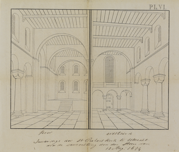 214536 Interieur van de St. Pieterskerk te Utrecht: het schip uit het westen (links) en uit het oosten (rechts).N.B. ...